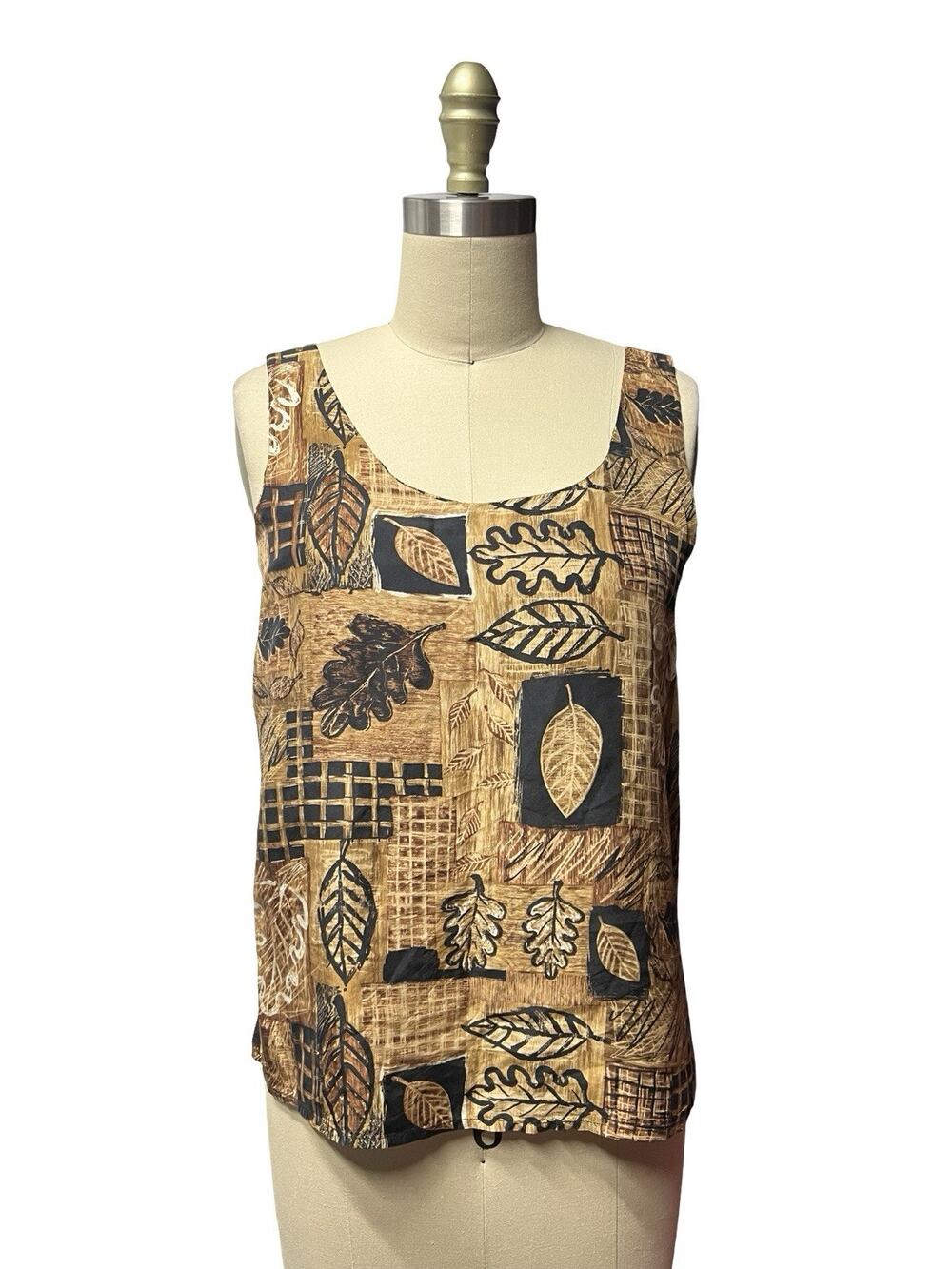 Vtg Compagnie Internationale Express 100% Silk Sleeveless Blouse Top XS Leaves
